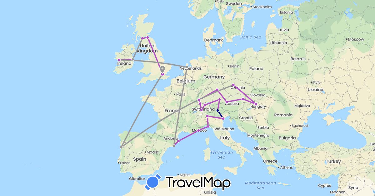 TravelMap itinerary: driving, plane, train in Austria, Switzerland, Czech Republic, Germany, Spain, France, United Kingdom, Hungary, Ireland, Italy, Netherlands, Portugal (Europe)